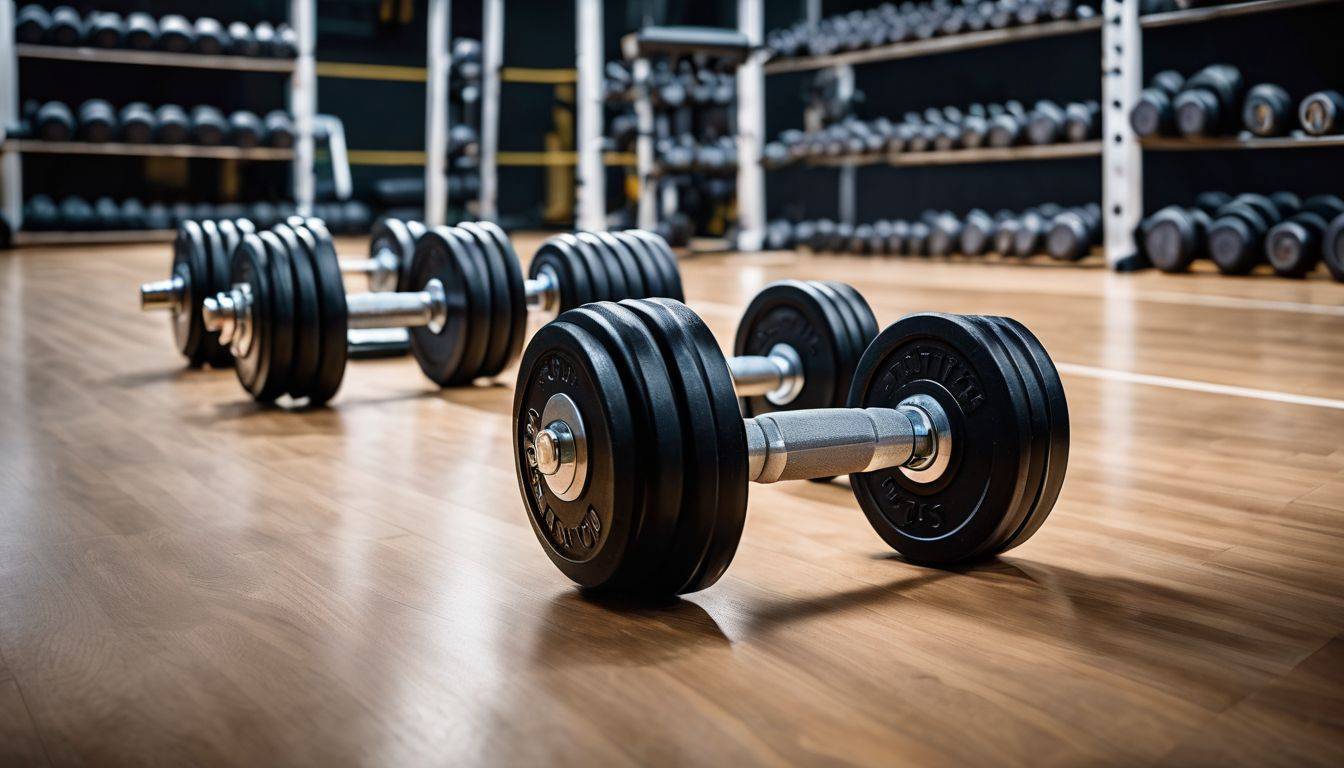 A set of dumbbells on a gym floor with space around.