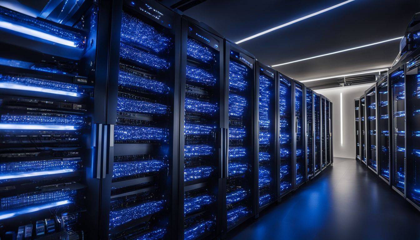 A futuristic server room with racks of servers and blue LED lights.