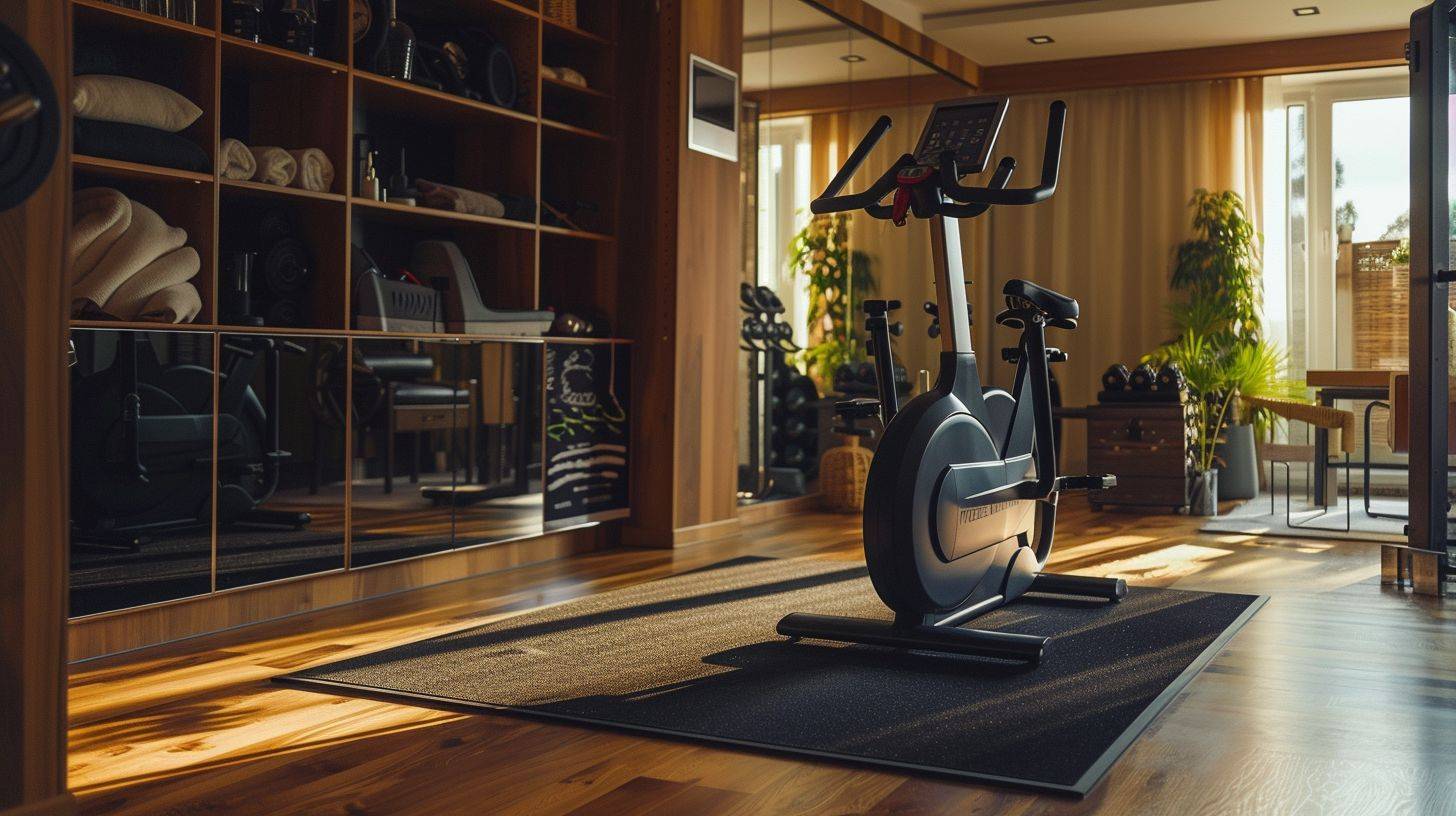 A modern exercise bike in a sleek home gym setup.