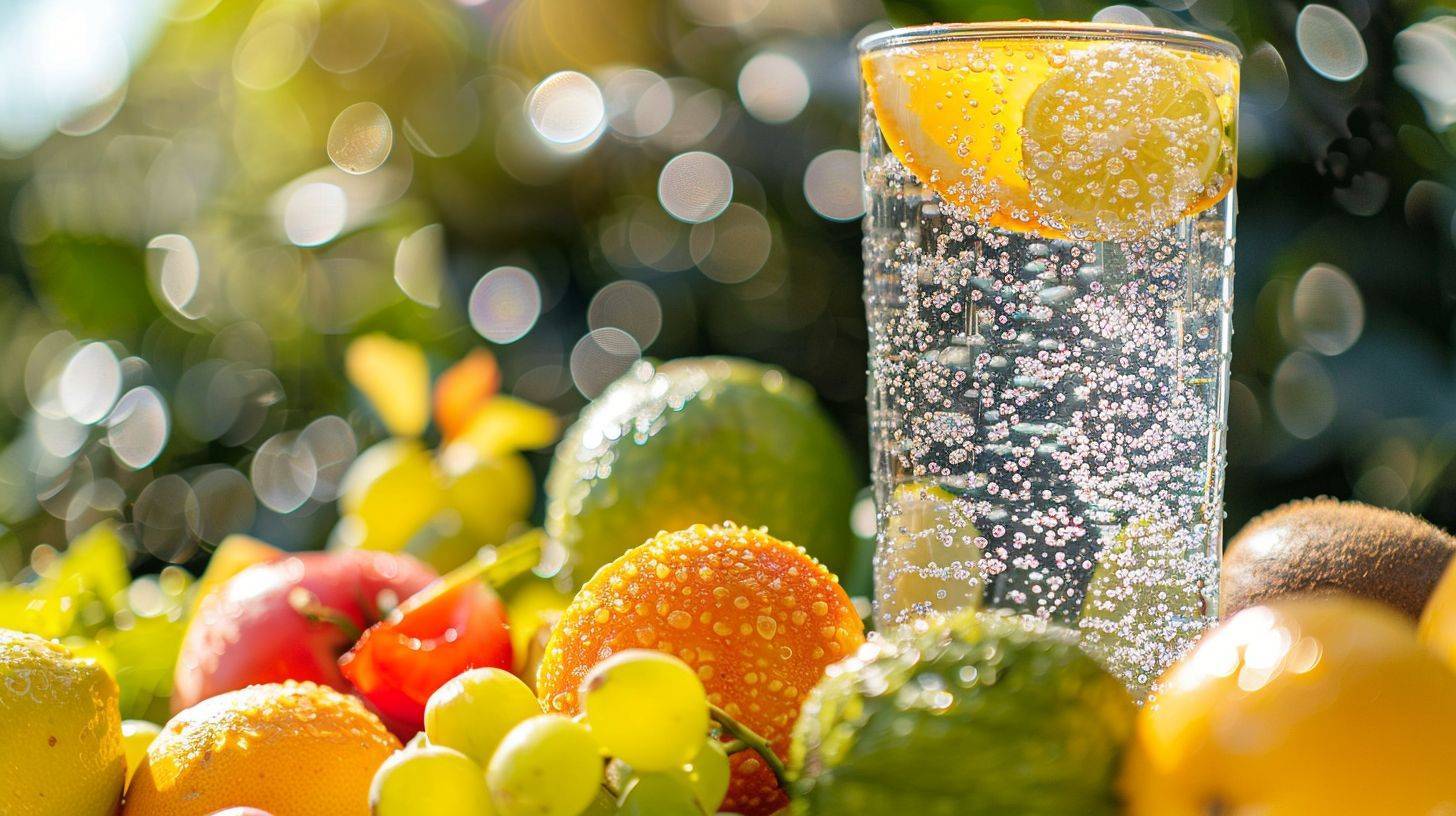 A glass of alkaline water surrounded by fresh, colorful fruits.