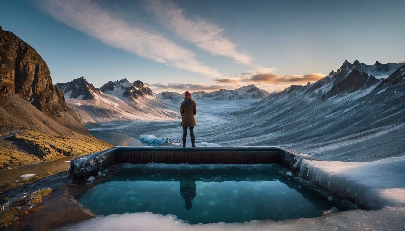 A frozen landscape with an ice bath and a person.