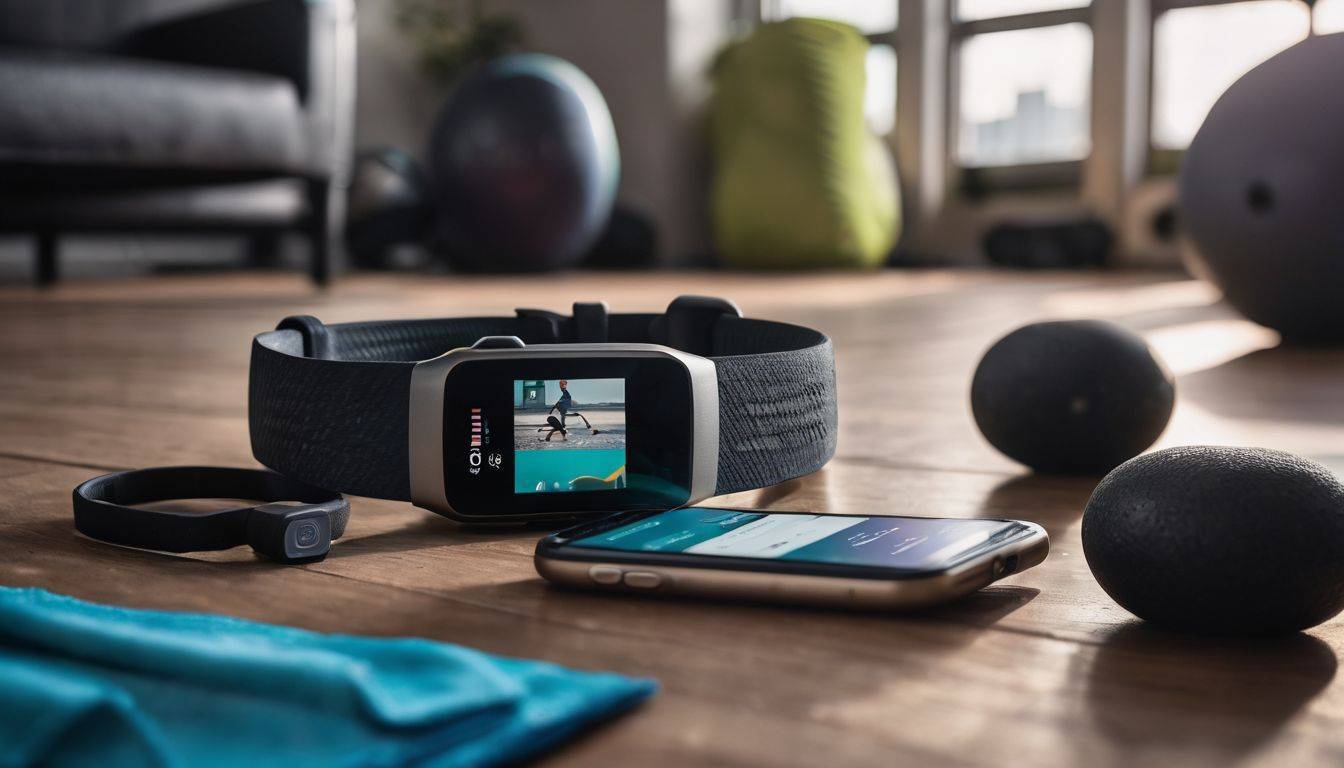 A Fitbit device surrounded by various fitness tools on a gym floor.