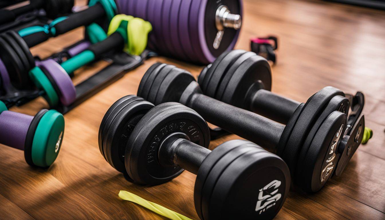 A set of gym equipment arranged on the floor for workout.