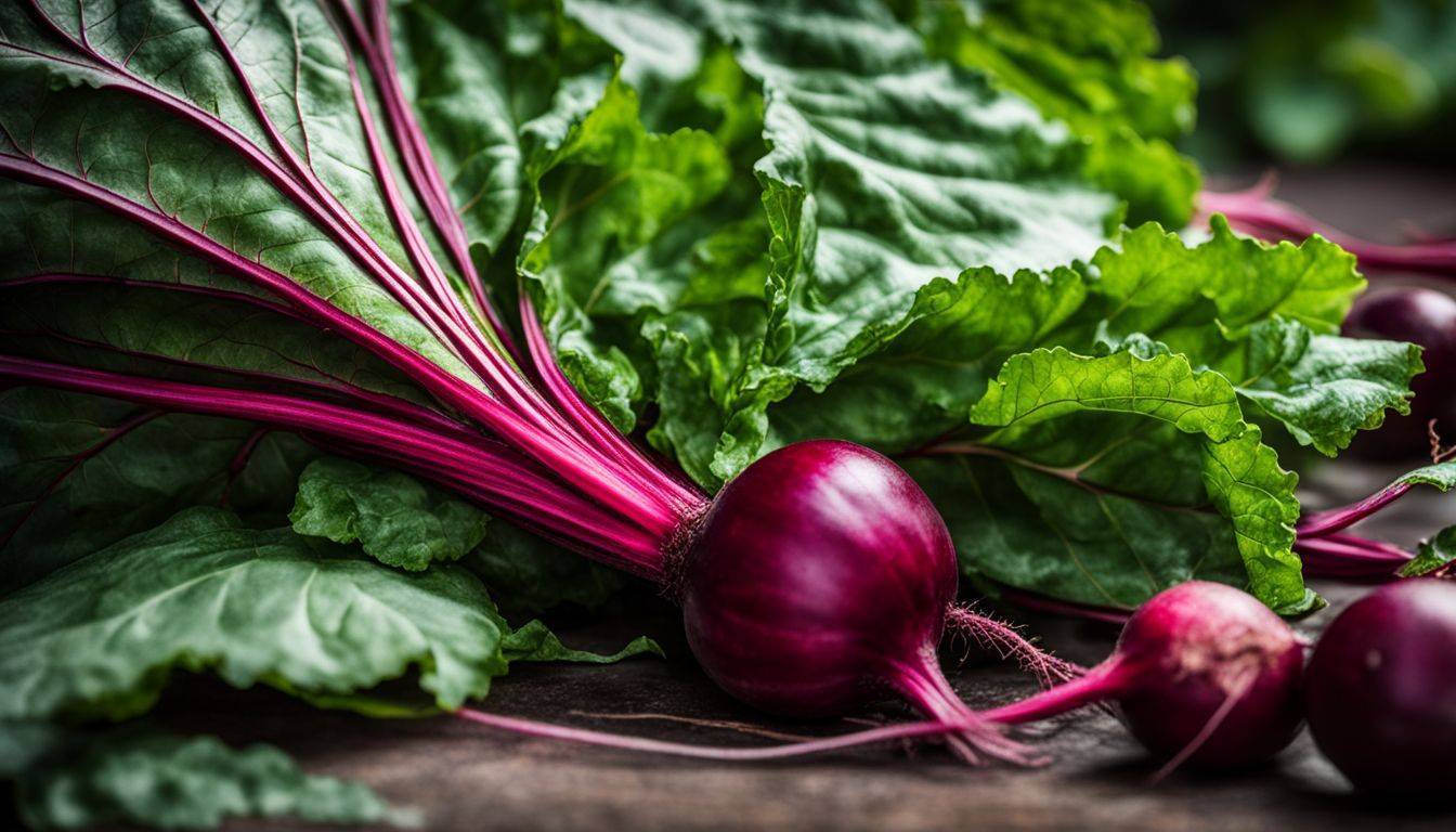A close-up photo of vibrant red beetroot surrounded by lush greenery.