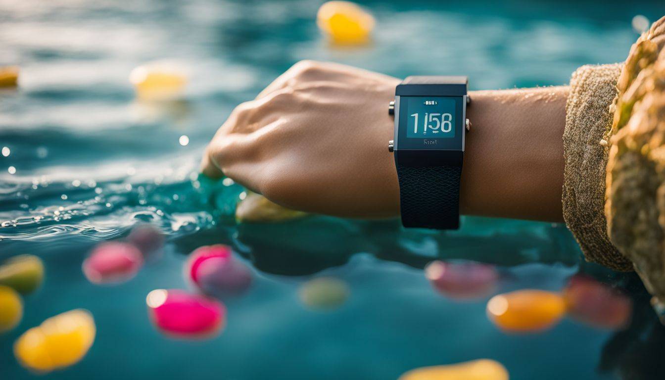 A Fitbit surrounded by water droplets next to a swimming pool.