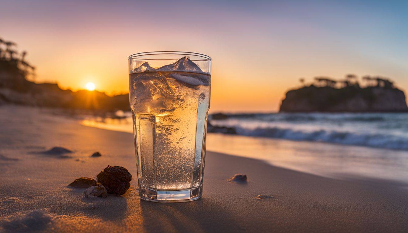 A glass of alkaline water sits on a tranquil beach at sunrise.