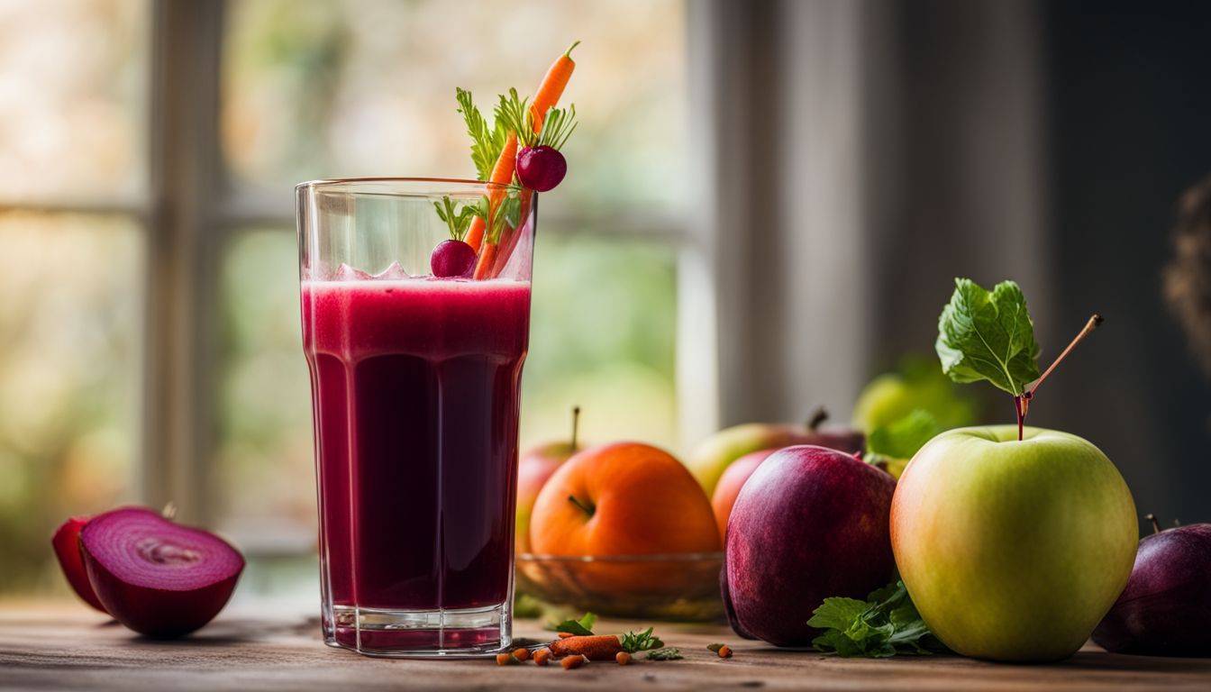 A glass of ABC juice surrounded by fresh fruits and vegetables.