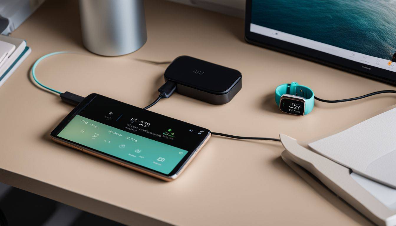 A Fitbit device on a desk with a charger nearby.