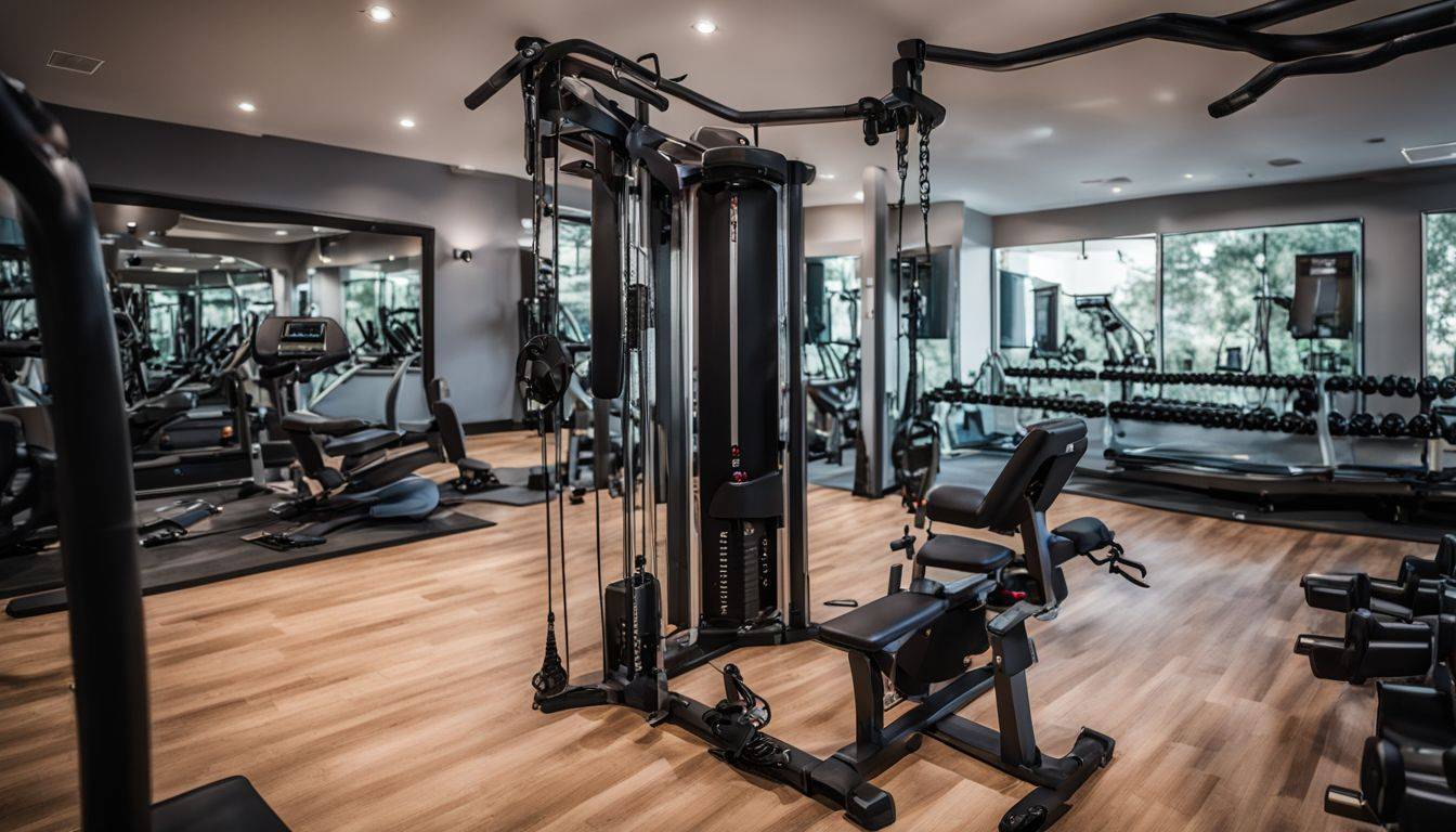 A gym cable machine surrounded by fitness equipment in a bustling atmosphere.