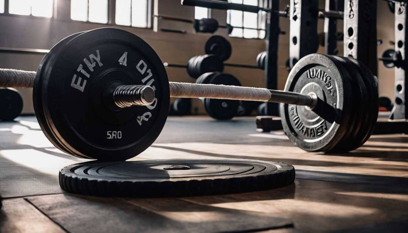 A weightlifting belt lies next to a barbell and weight plates.