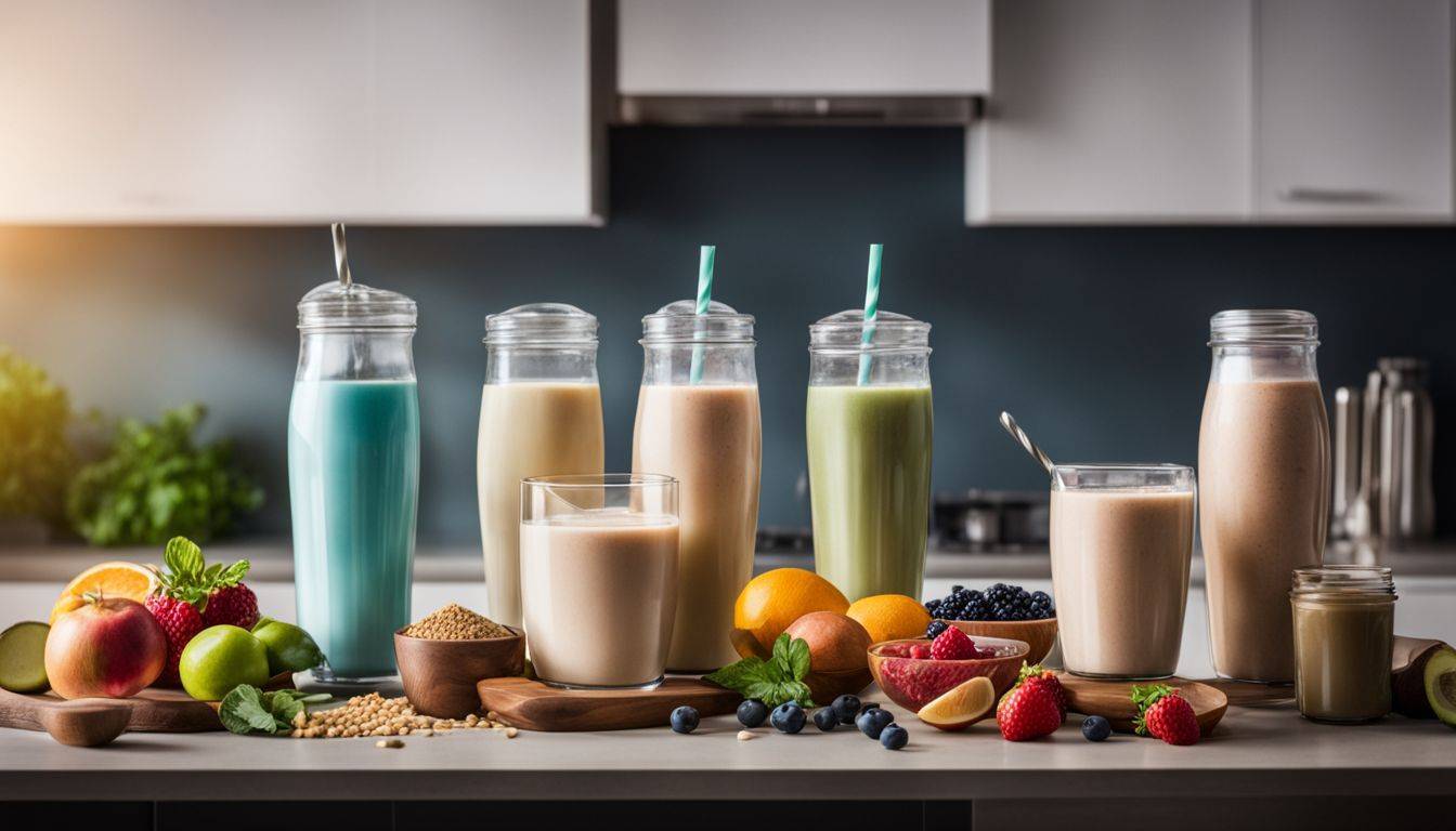 A variety of protein shake bottles and ingredients in a kitchen setting.