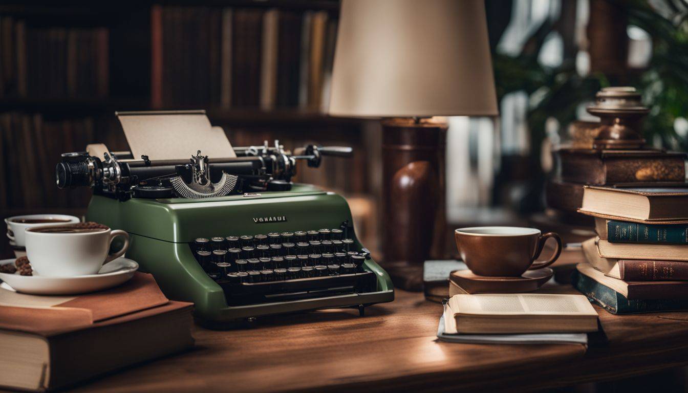 A well-lit still life composition featuring a vintage typewriter and books.
