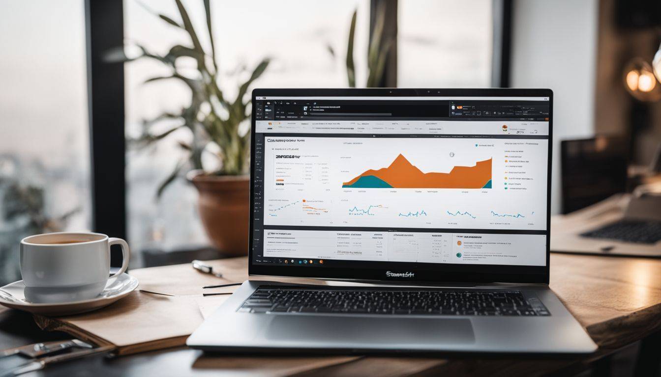 The image shows a laptop with SEMrush surrounded by charts and graphs.