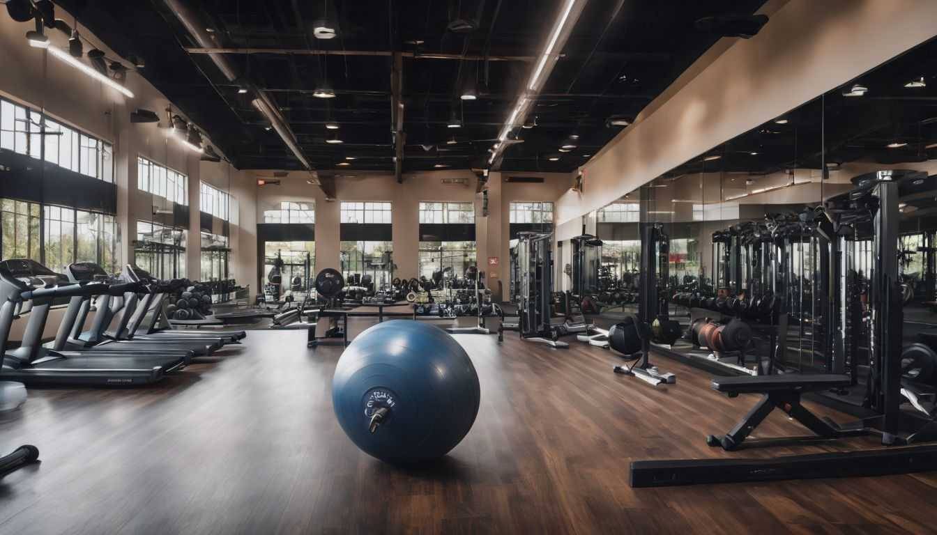 An empty gym with weights and exercise equipment.