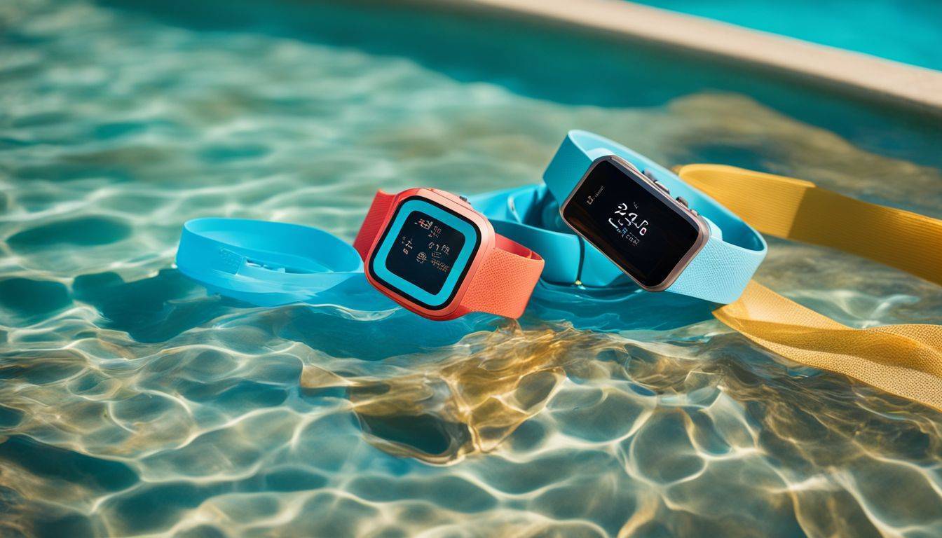 The Fitbit Charge 4 submerged in a clear pool surrounded by swim accessories.
