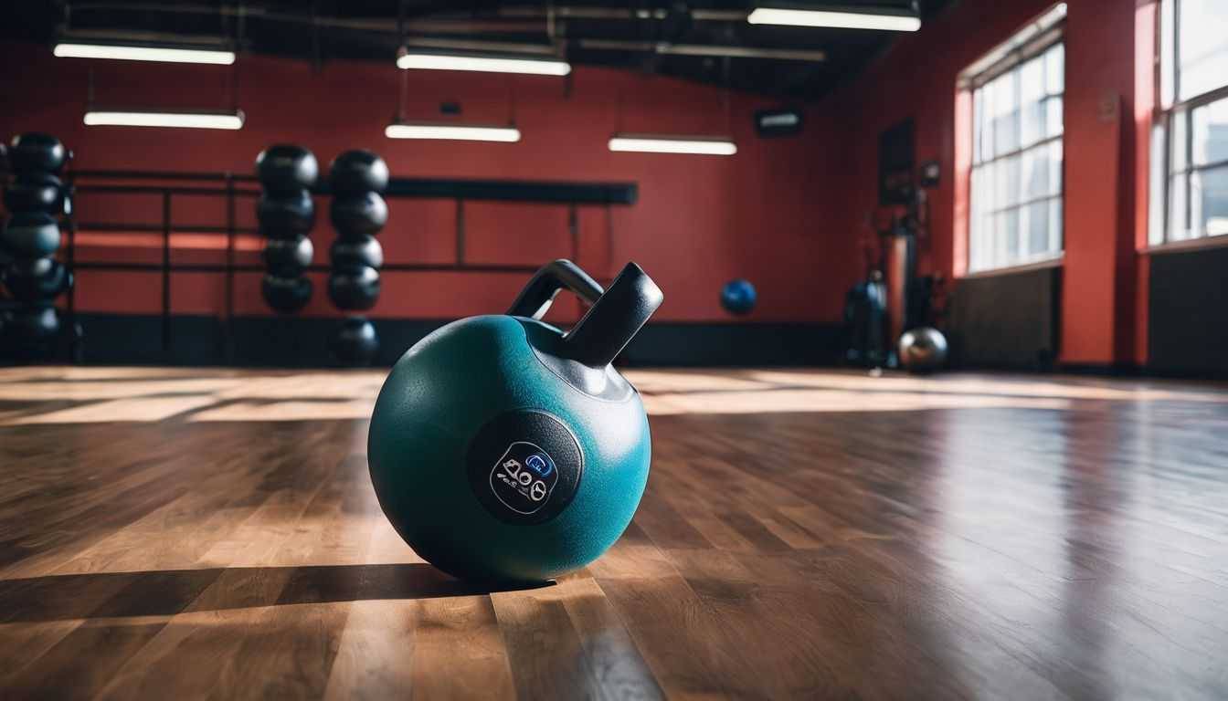 A gym floor with a medicine ball and kettlebell.