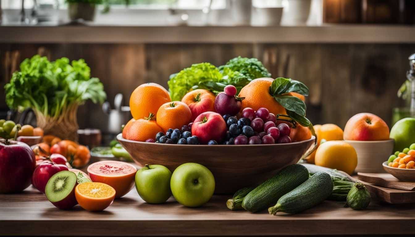 A variety of colorful fruits and vegetables arranged on a kitchen countertop.