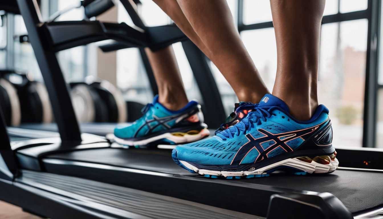 A pair of ASICS running shoes surrounded by running accessories on a treadmill.