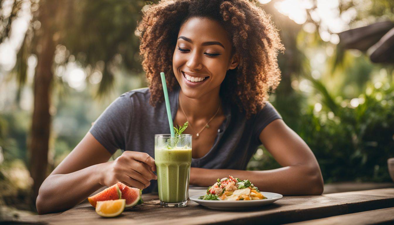 A person enjoys a healthy meal shake in a natural setting.