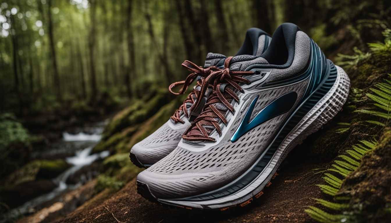 The Brooks Ghost 15 running shoes on a lush trail.