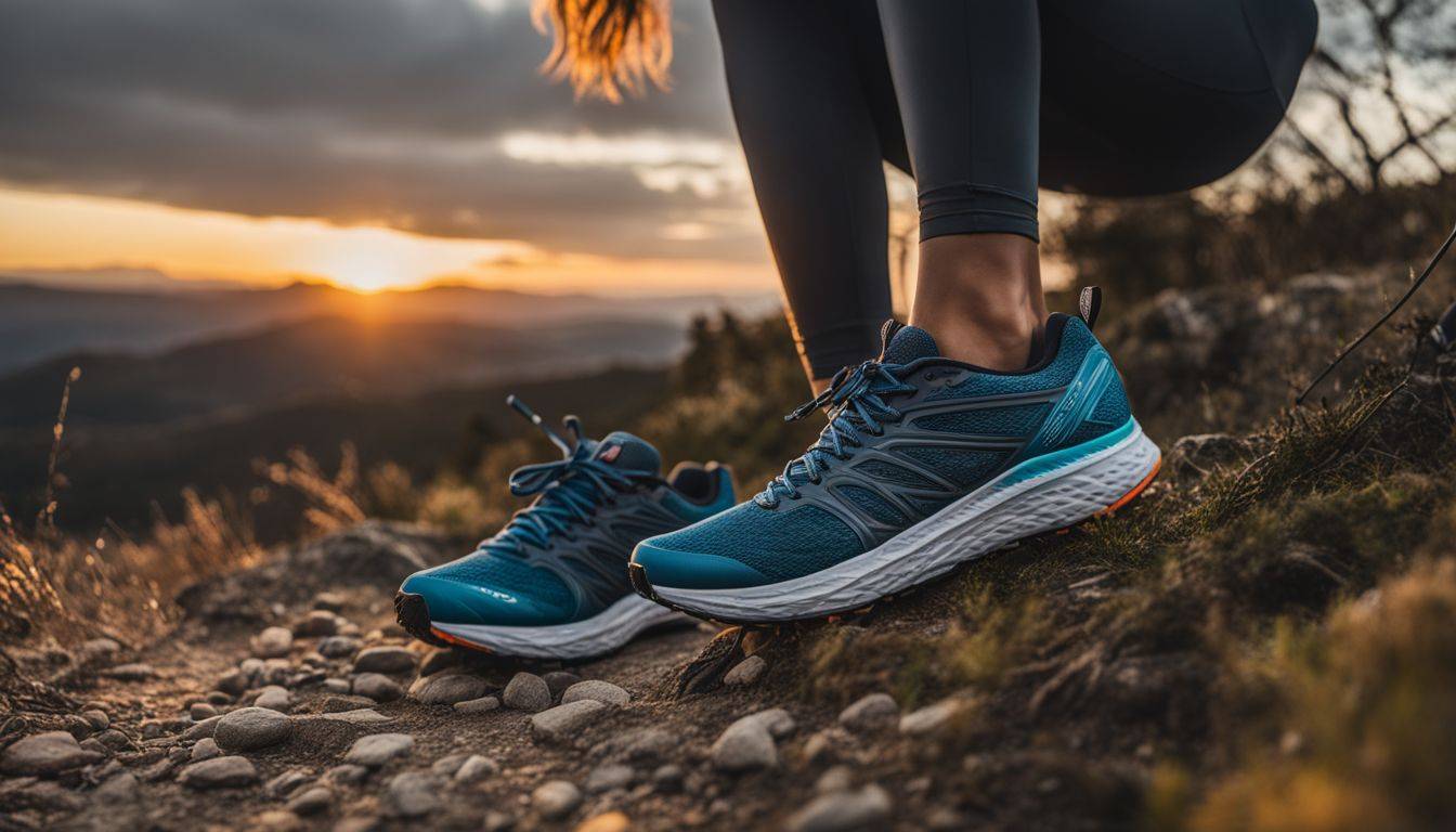 A pair of top-rated running shoes on a scenic nature trail.