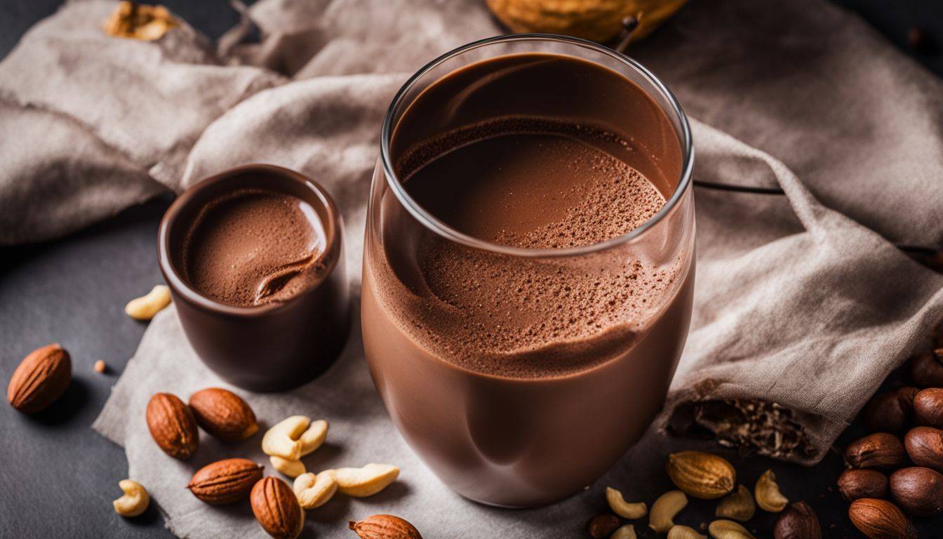 A delicious chocolate peanut butter shake surrounded by cocoa and peanuts.