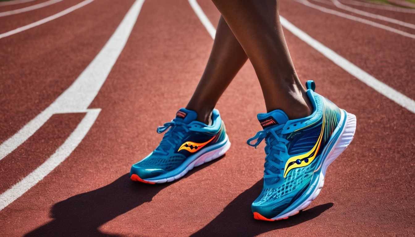 A pair of Saucony Kinvara 14 running shoes on a vibrant track.