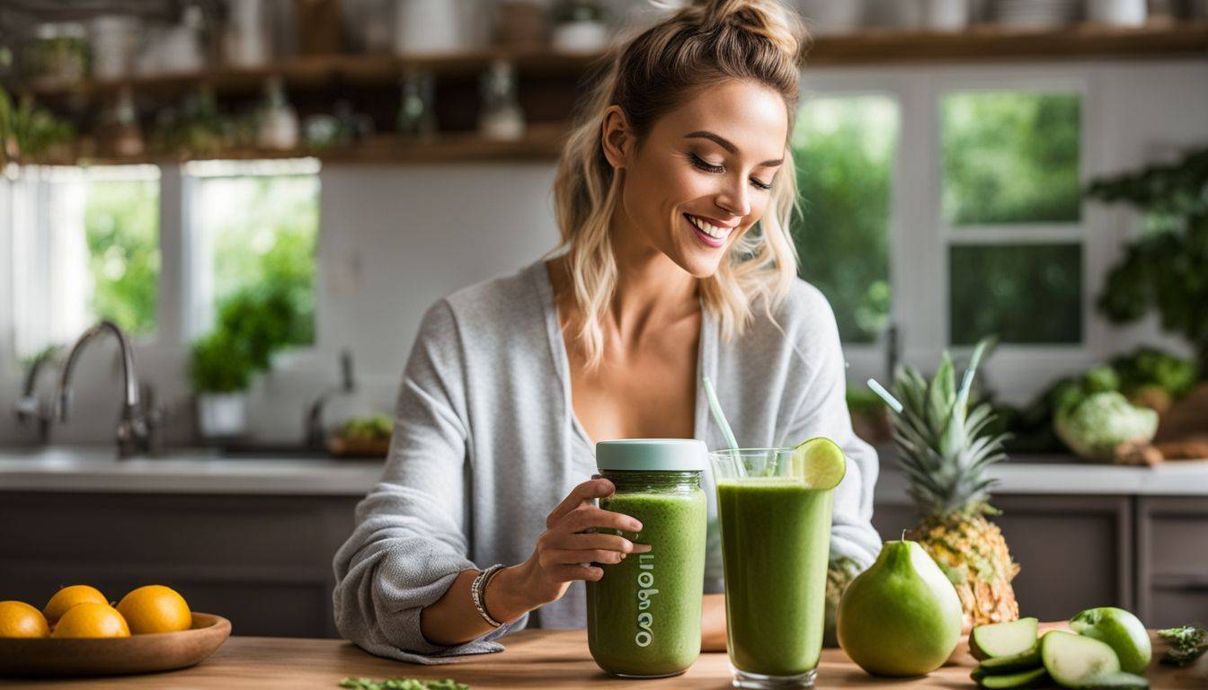 A woman blending protein powder into a green smoothie in a bustling atmosphere.