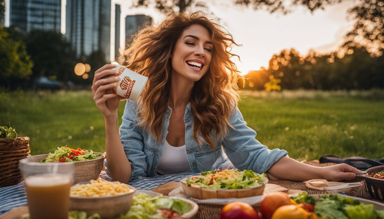 A person enjoying a Big Mac Salad in a vibrant outdoor picnic setting.