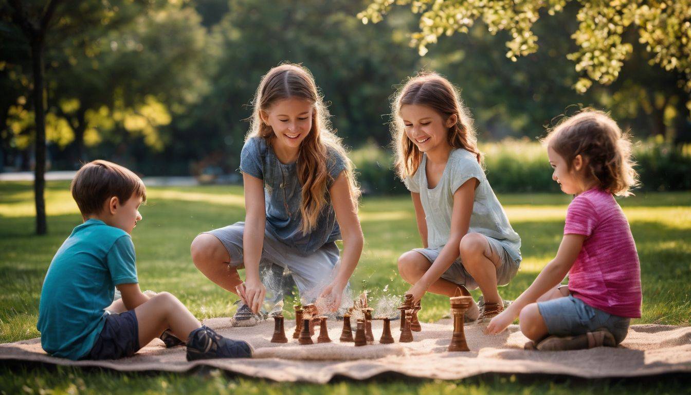 A diverse group of children playing outdoor games in a park.