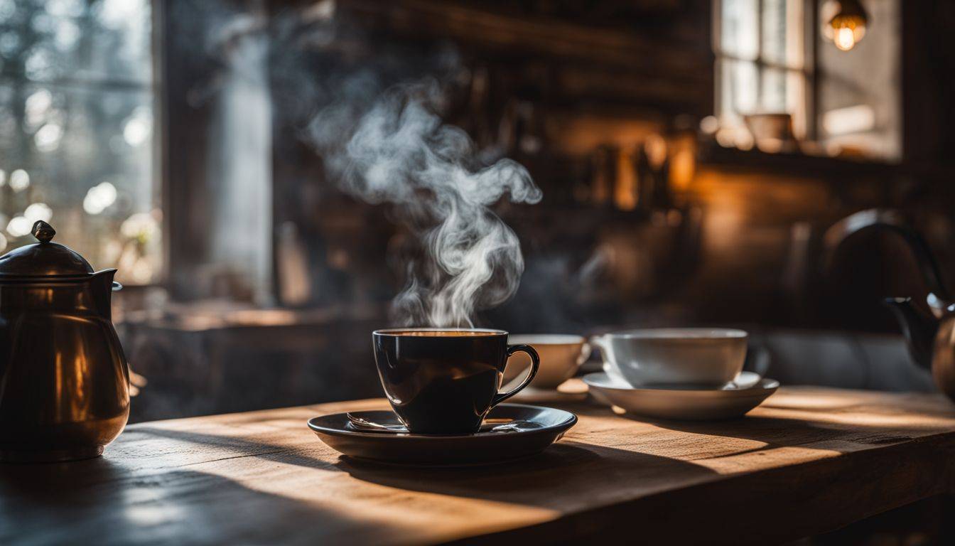 A steaming cup of black tea on a rustic table in a cozy kitchen.