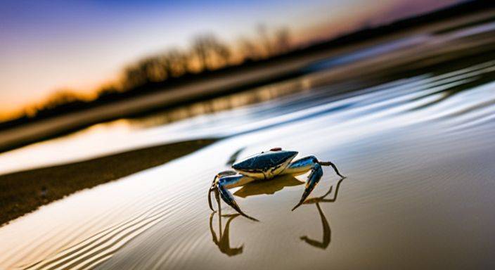 A blue crab surrounded by various fish species in coastal waters.