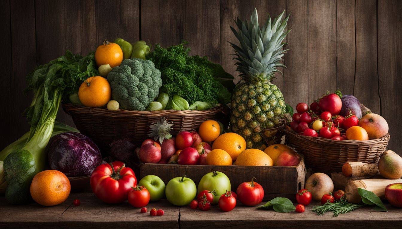 A vibrant display of fresh fruits and vegetables on a wooden table.