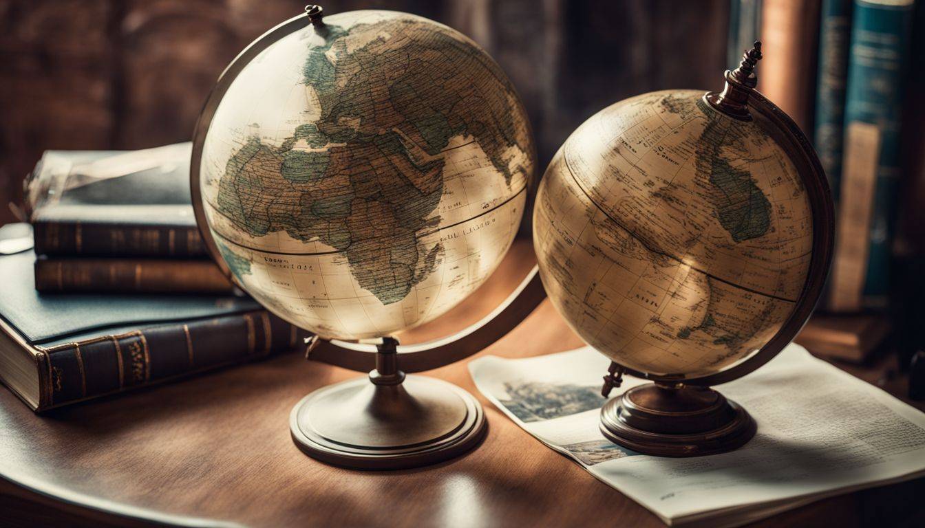 A vintage globe surrounded by travel-related items in a bustling scene.