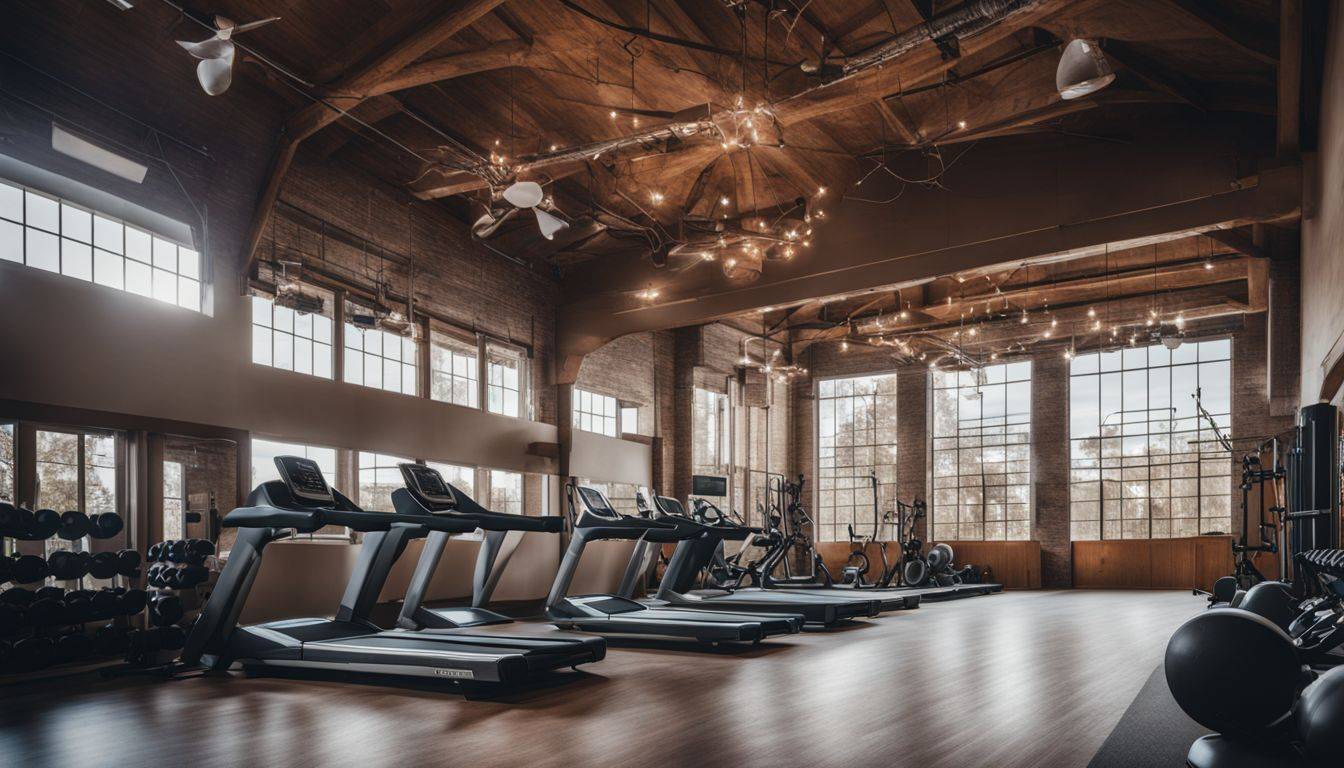 An empty gym with exercise equipment and aging fitness charts.