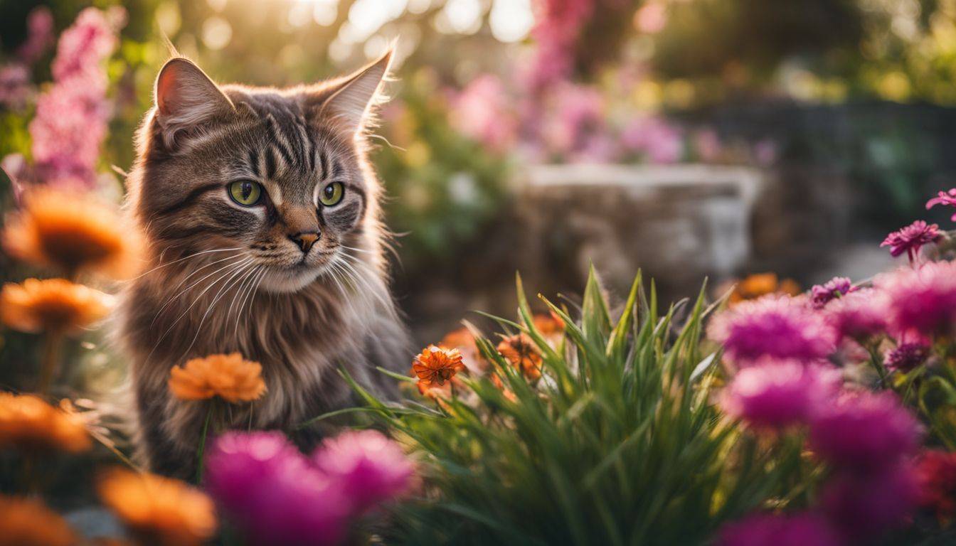 A curious cat explores a vibrant garden in nature photography.