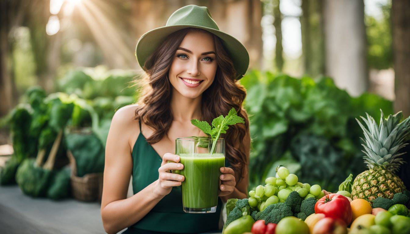 A glass of Classic Green Juice surrounded by vibrant fruits and vegetables.