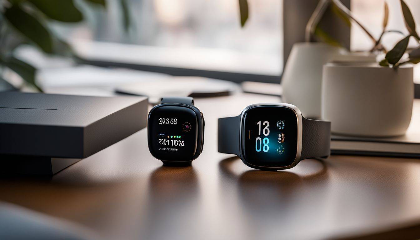 Two Fitbit watches placed on a modern desk in a cityscape.