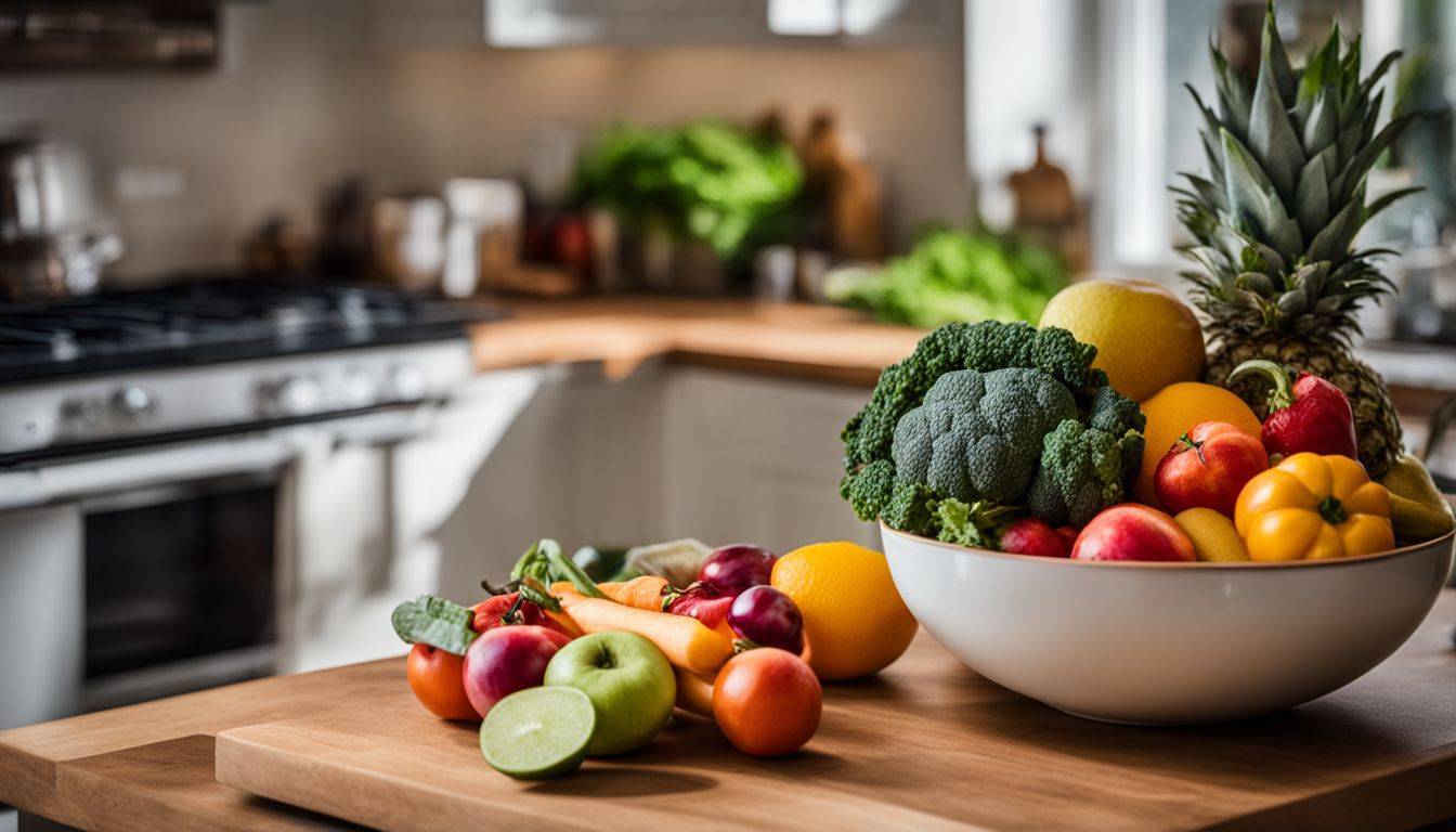 A colorful bowl of fresh fruits and vegetables on a kitchen counter.