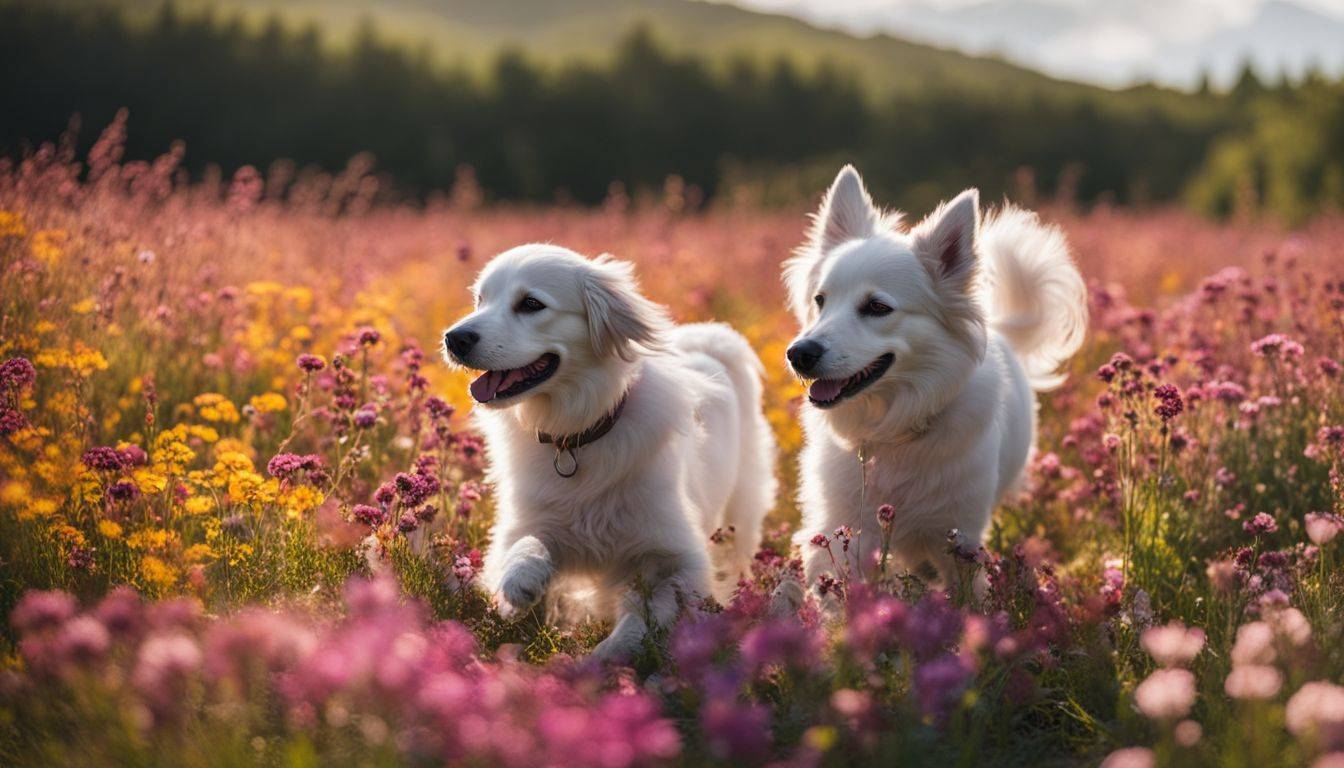 A dog plays in a field of colorful flowers.