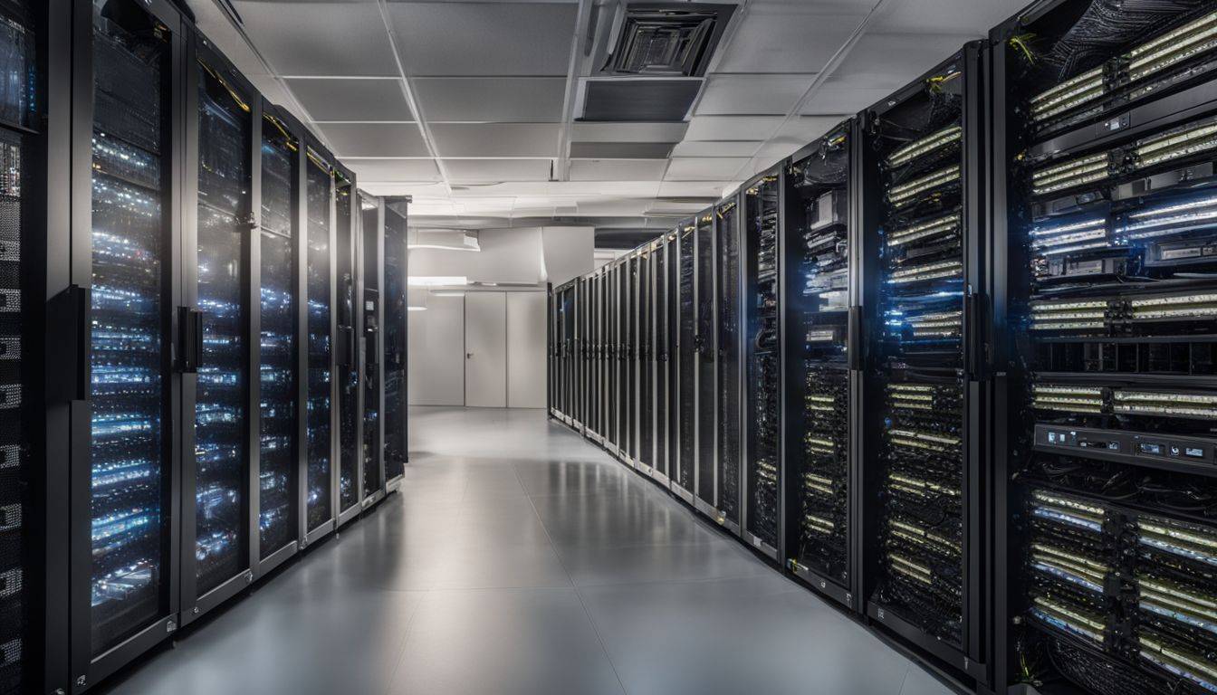 A busy server room with racks of web hosting servers.