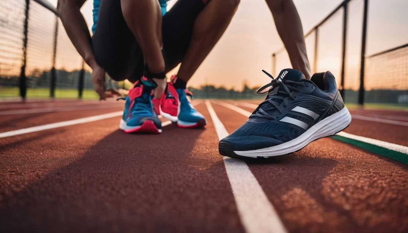 A pair of running shoes surrounded by sports equipment on a track.