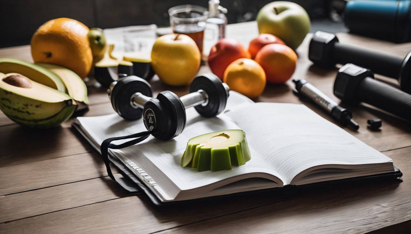 A personal training plan journal with healthy food and workout equipment.