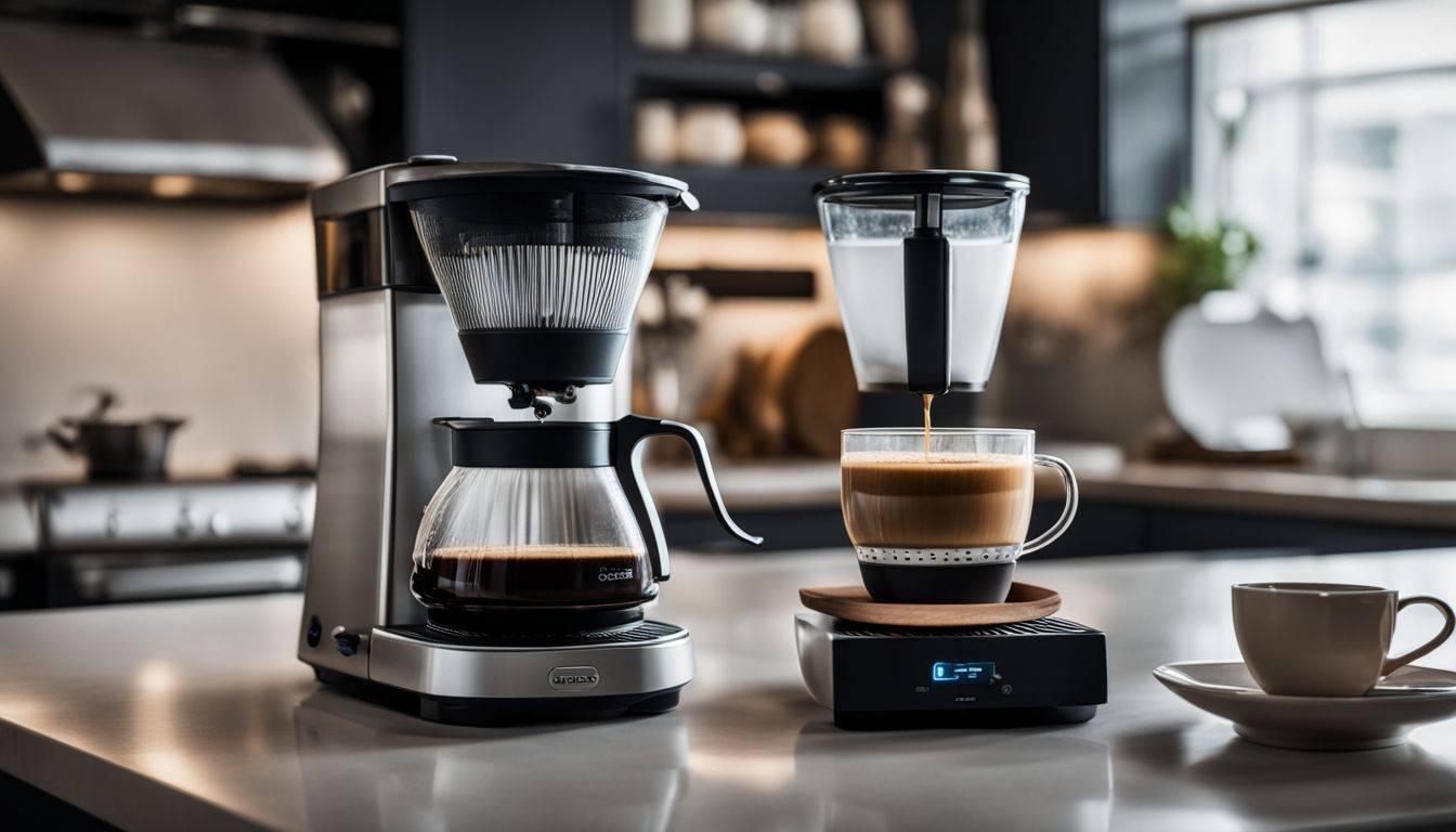 A cup of coffee brewing in a modern kitchen with various styles.