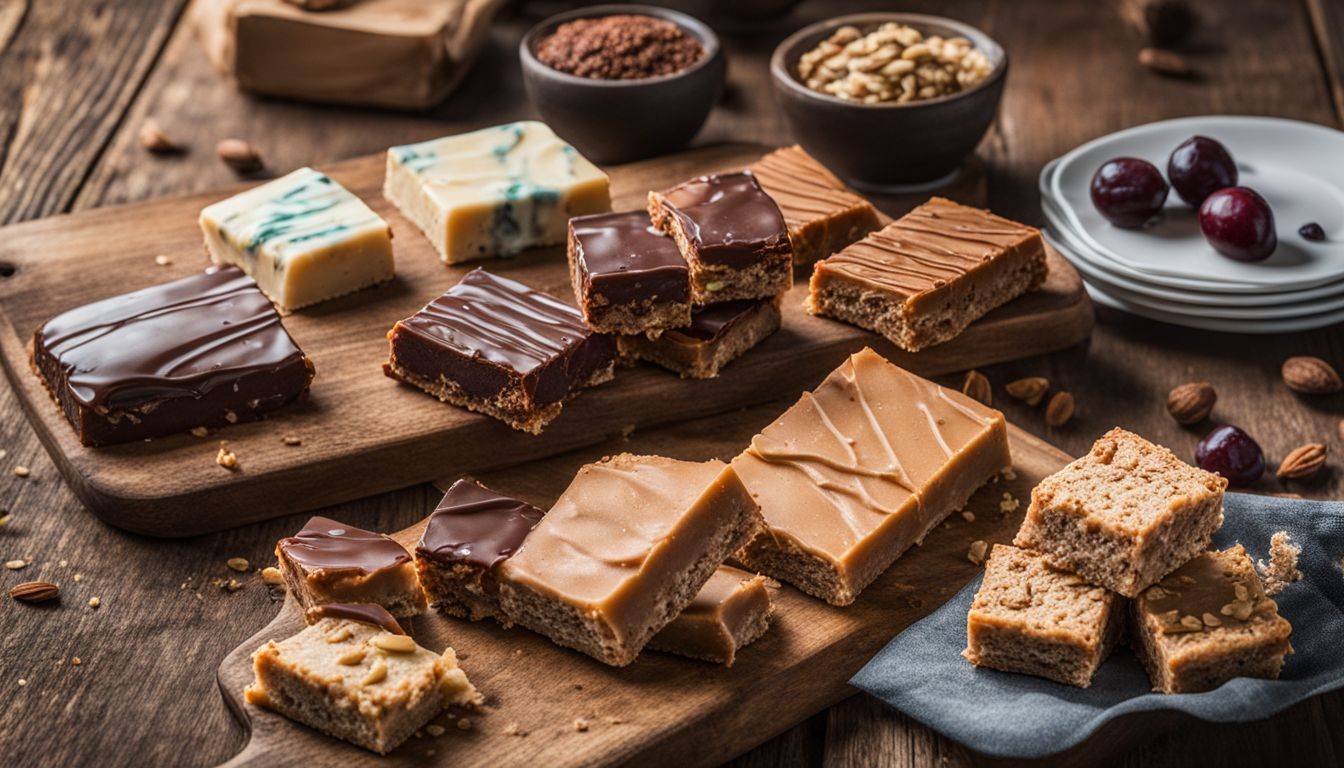 A variety of keto protein bars arranged on a rustic wooden table.