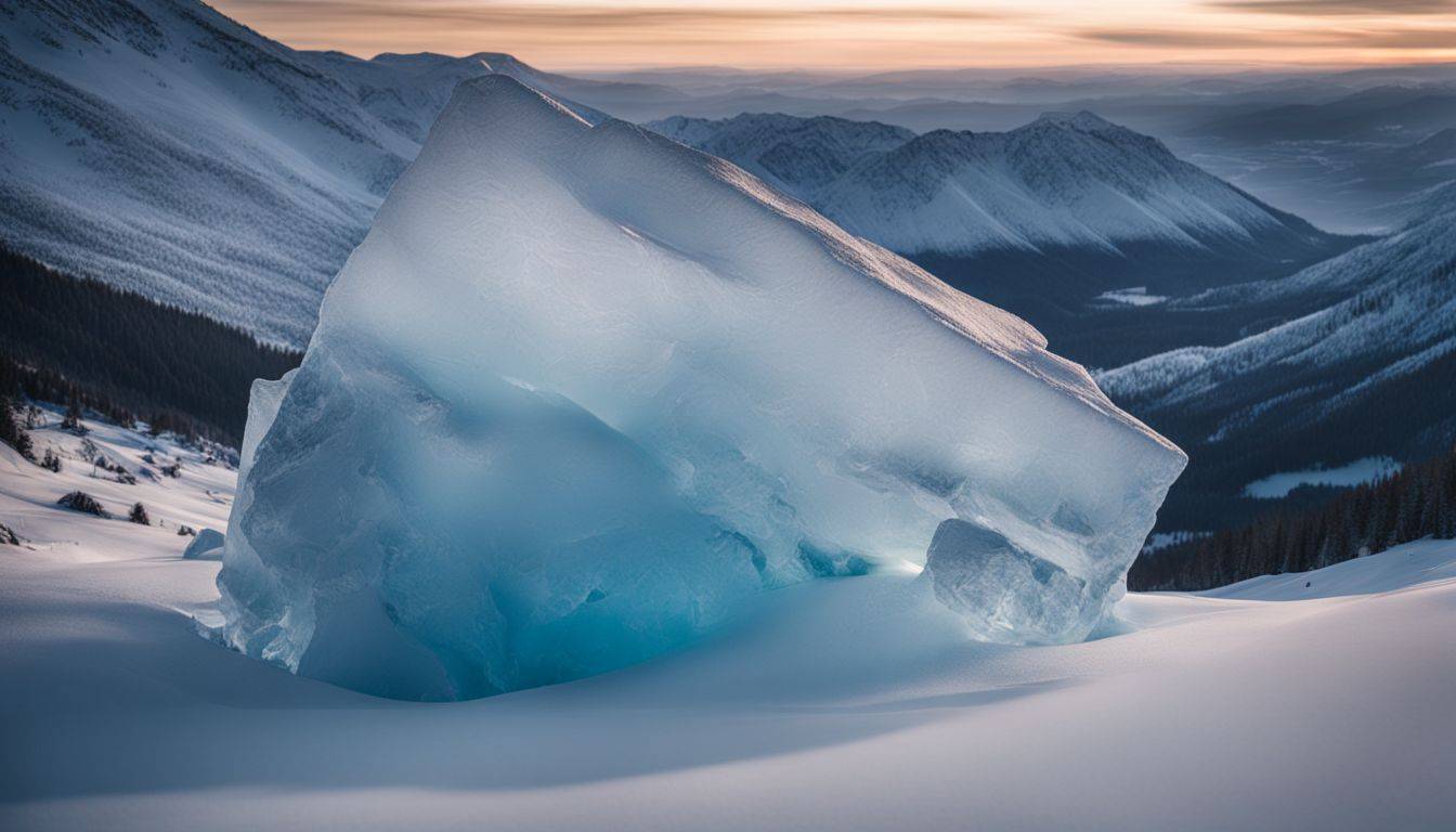 A large block of ice sits on a snowy landscape in a nature photography scene.