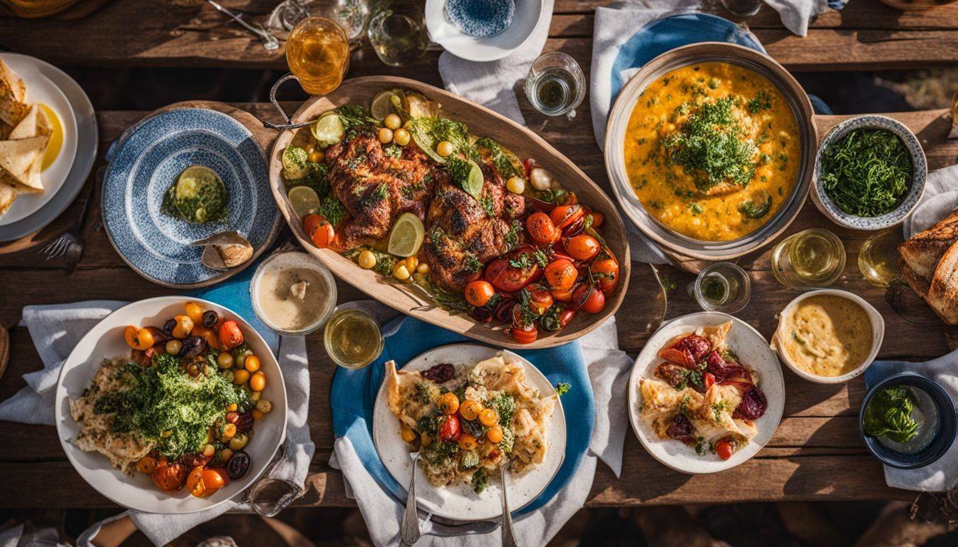 An outdoor table filled with colorful Mediterranean dishes.