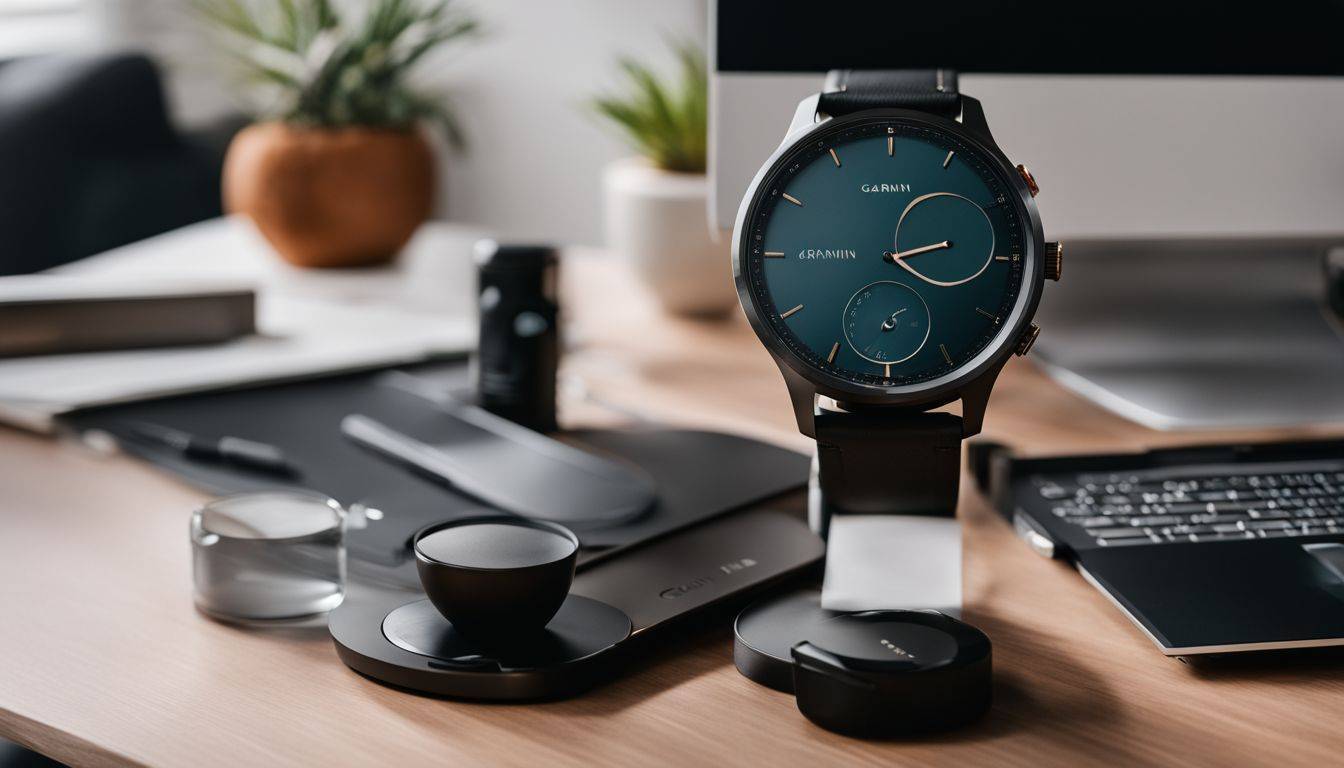 A stylish Garmin Vivomove Trend watch displayed on a modern desk.