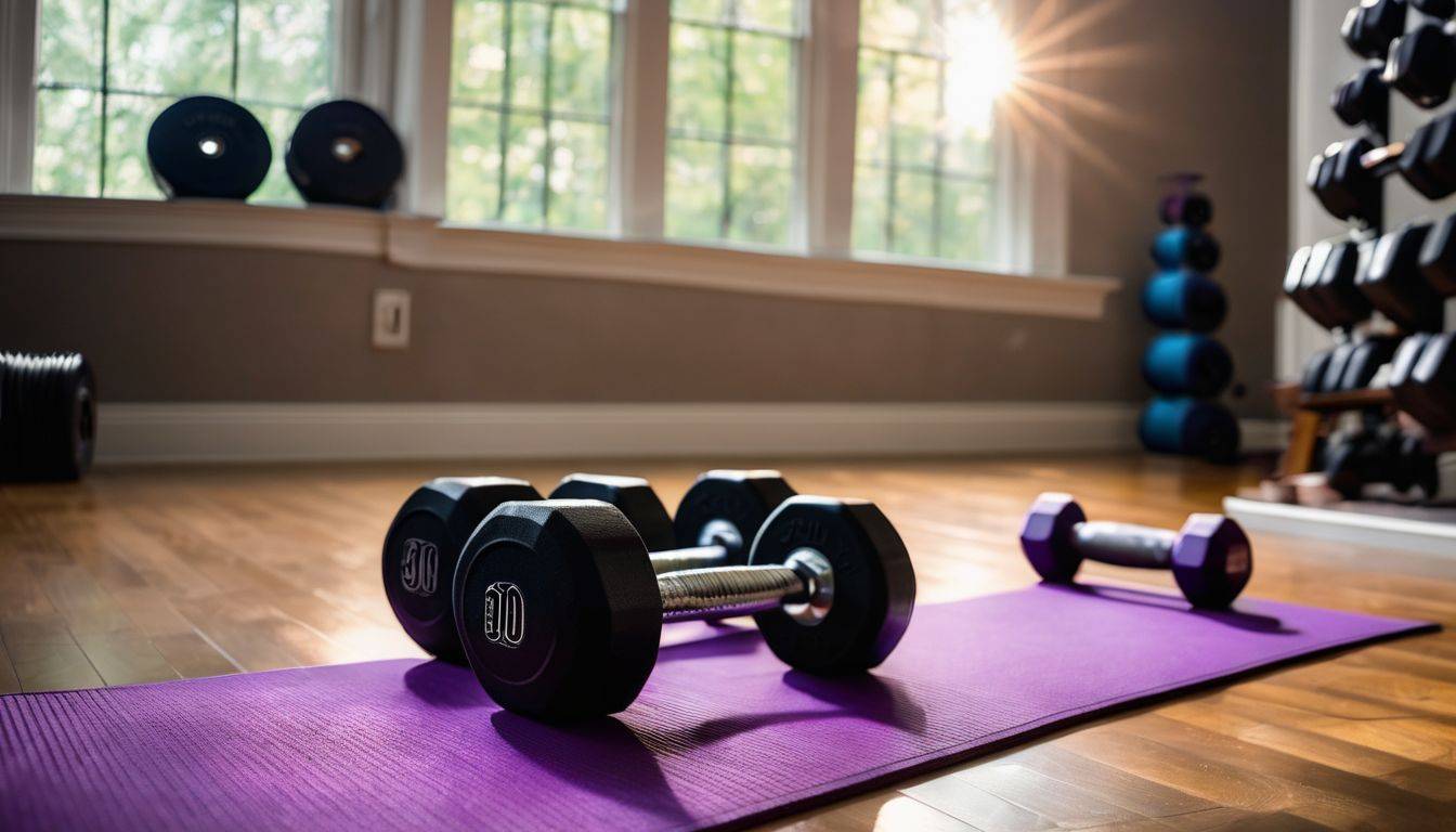 A set of dumbbells and a yoga mat in a sunlit home gym.
