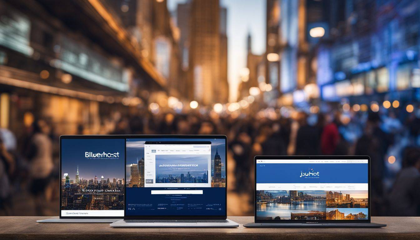 A comparison of Bluehost and JustHost websites' pricing options on a laptop.